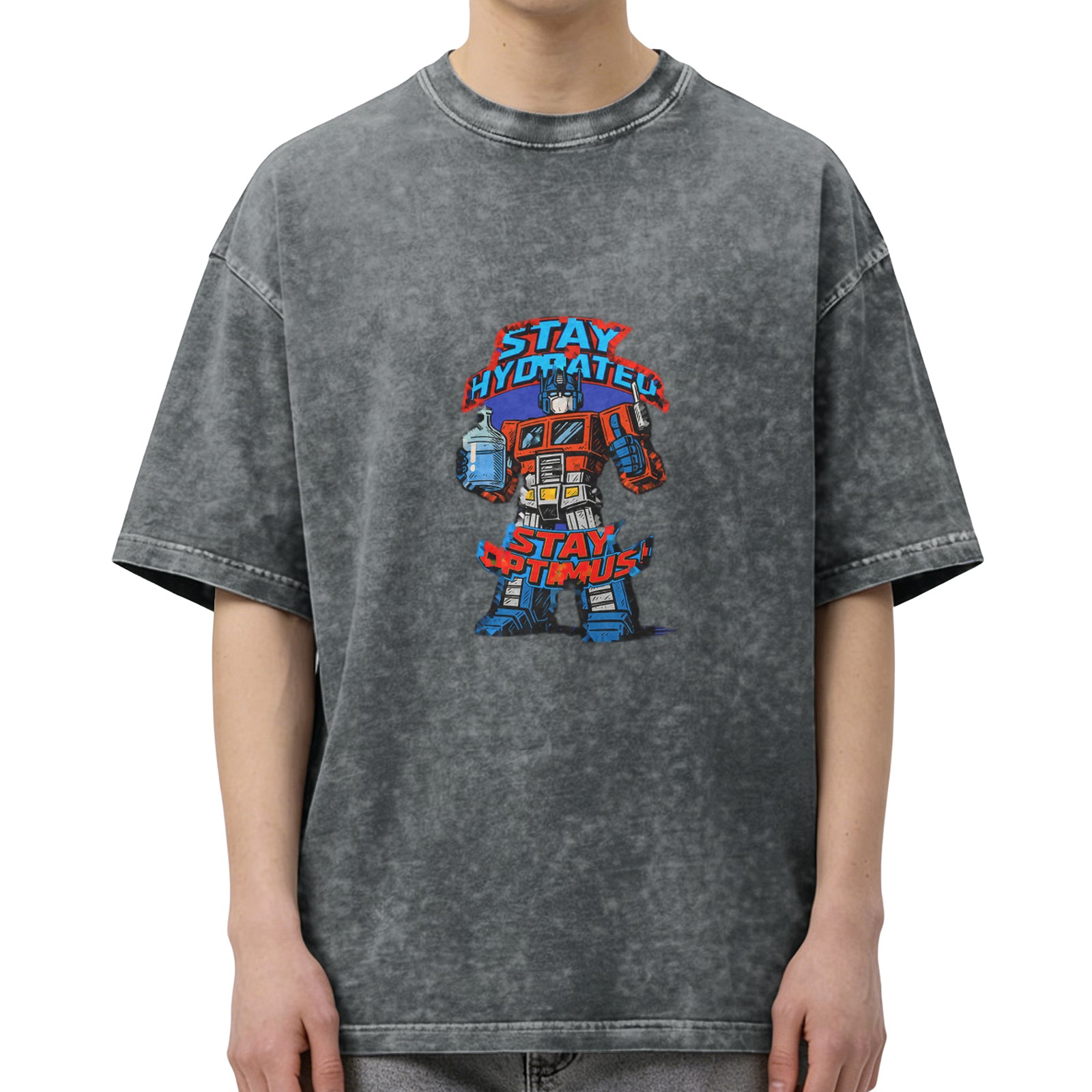 Oversized Acid Wash T-Shirt With Optimus Prime Stay Hydrated Graphic