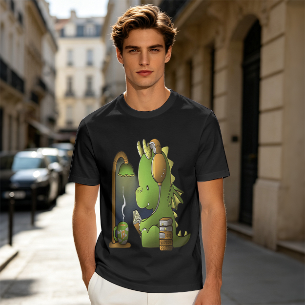 Olive T-Shirt with Cute Dragon Reading and Wearing Headphones