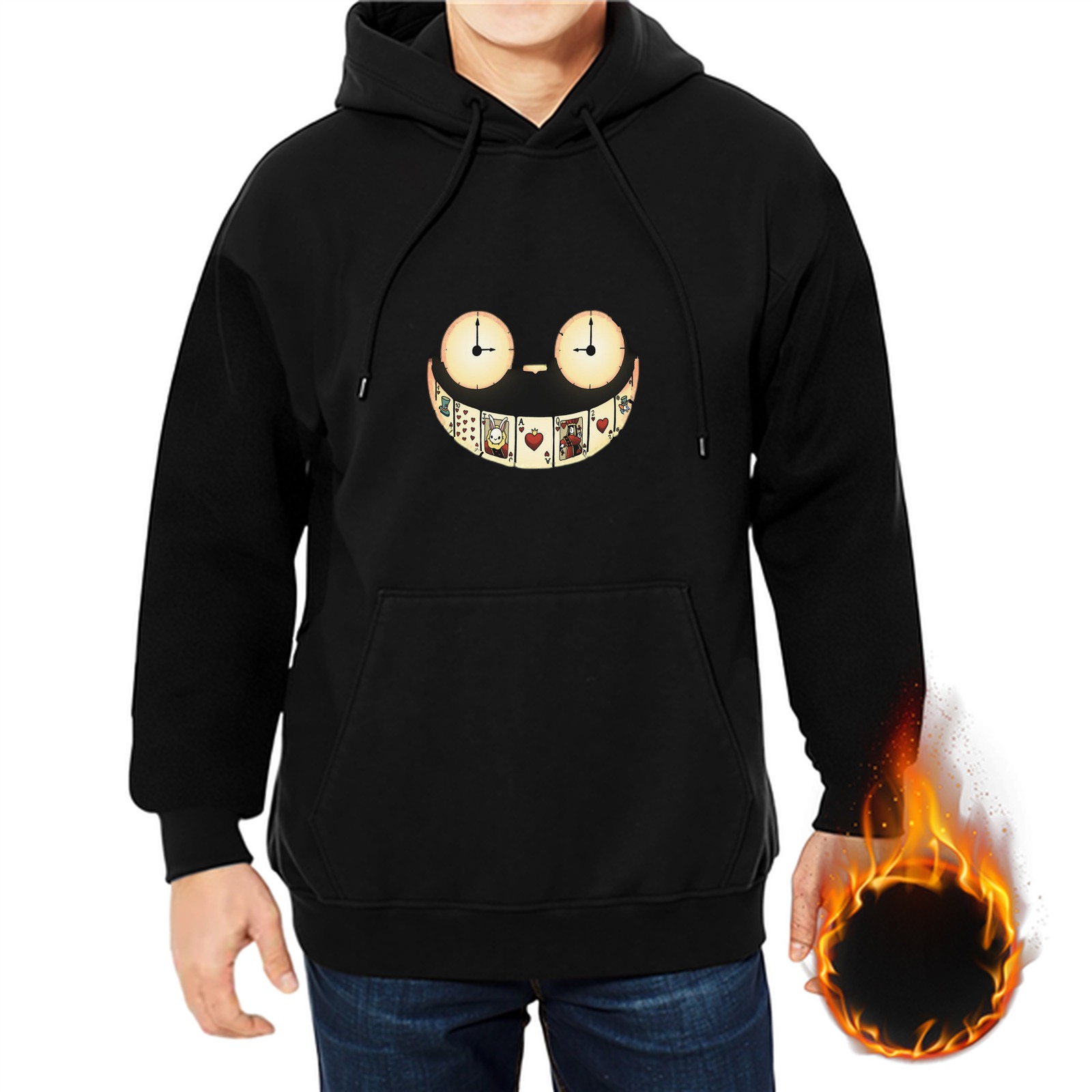 Black Hoodie With Clock Eyes And Playing Card Grin Graphic