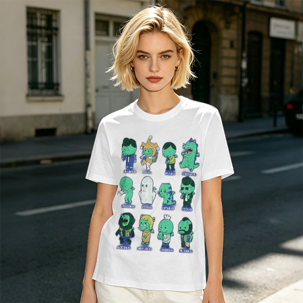 Olive Green T-Shirt With Cute Green Alien Character Print