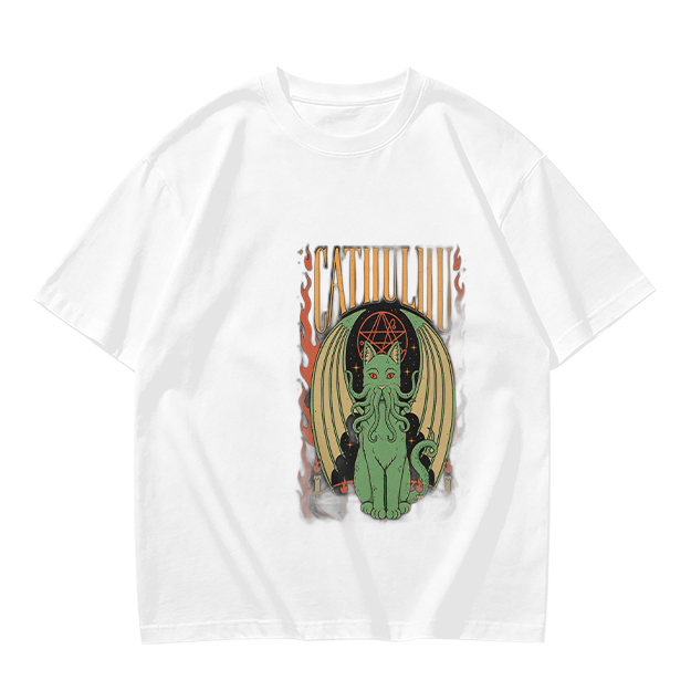 Olive T-shirt with Cthulhu Cat Graphic Print