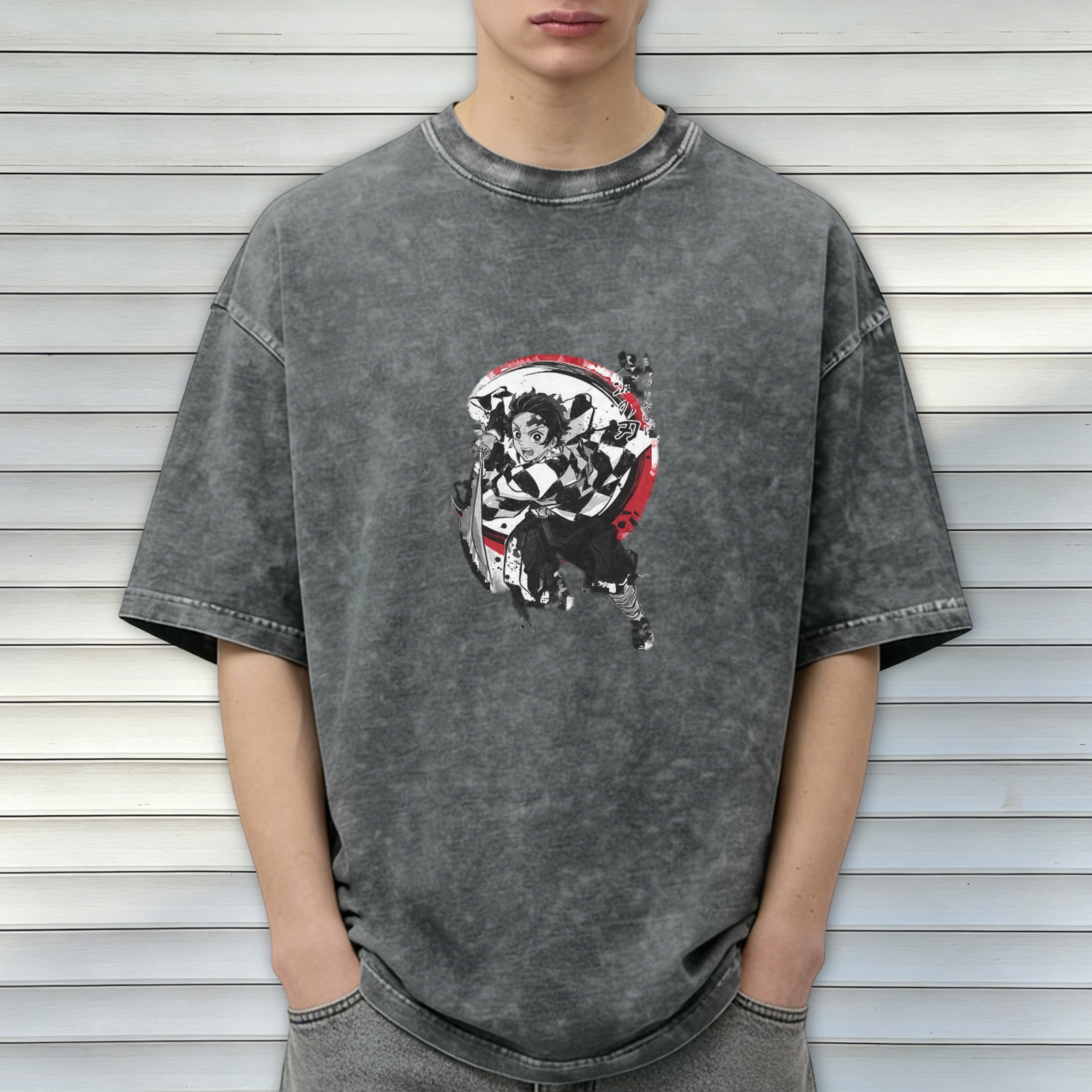 Demon Slayer: Kimetsu no Yaiba Tanjiro themed distressed washed black short-sleeved T-shirt