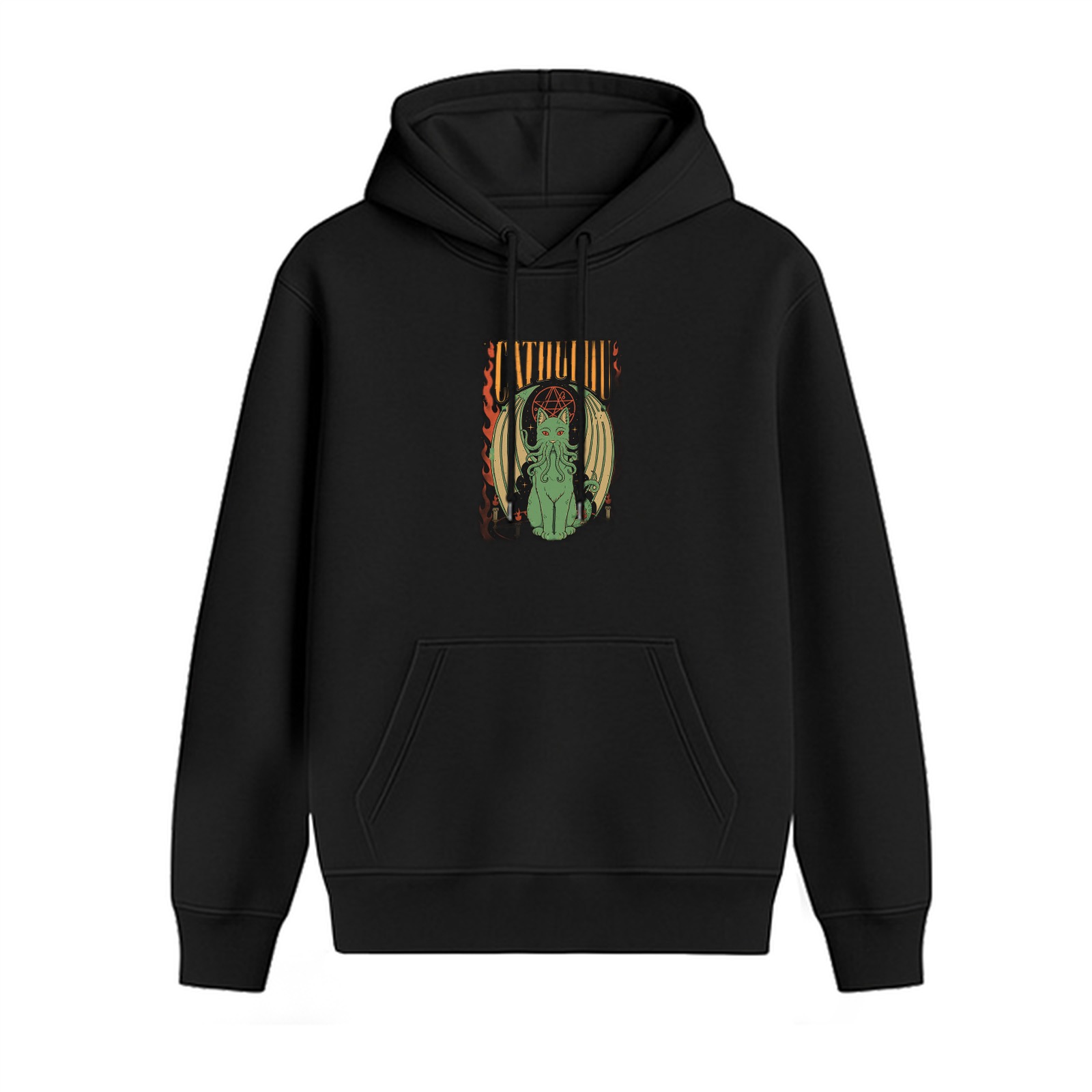 Black Hoodie With Cthulhu Cat Occult Graphic Print
