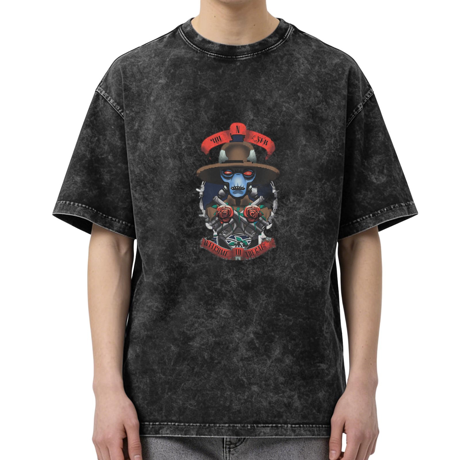 Washed Black T-Shirt With Alien Cowboy Guns And Roses Graphic