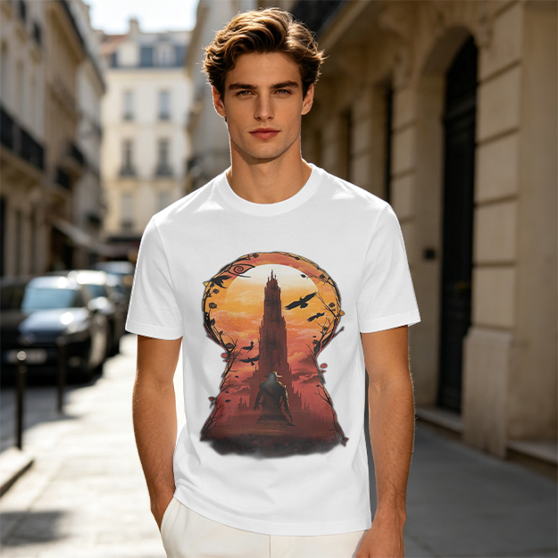 Olive T-Shirt with Keyhole Sunset Tower Art Print