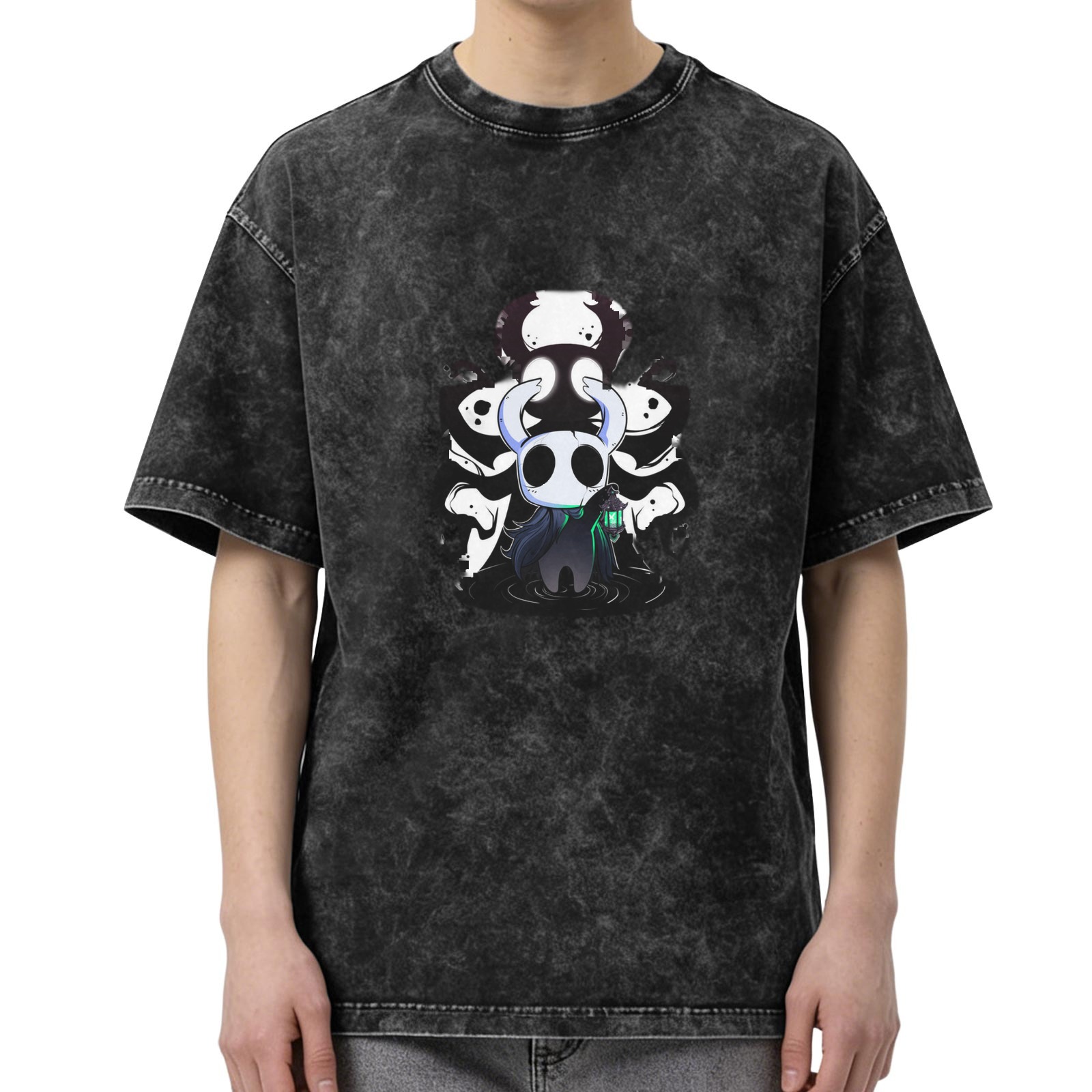 Hollow Knight themed washed distressed black loose short-sleeved T-shirt