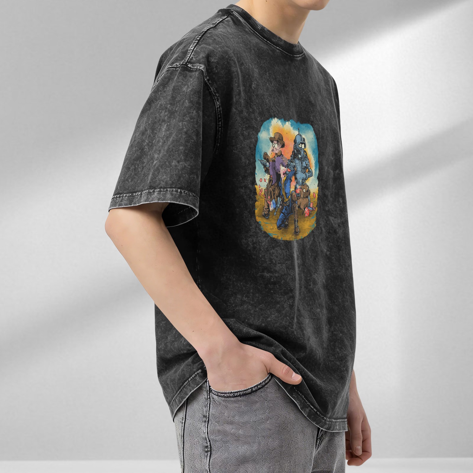 Vintage Washed Black T-Shirt with Fallout Themed Watercolor Graphic Print