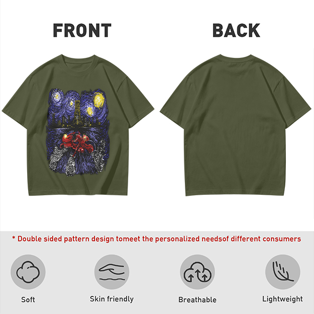 Olive T-Shirt with Starry Night Superhero Cityscape Art Print