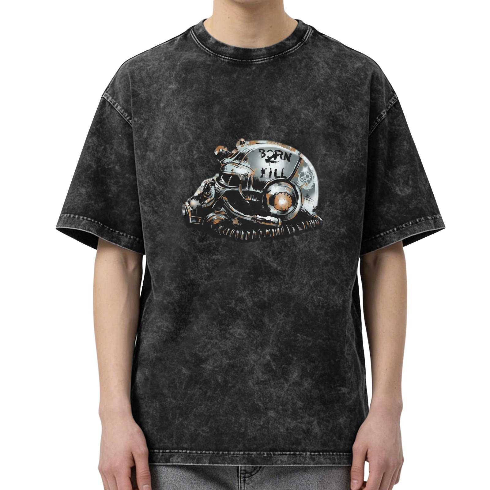 Oversized Acid Wash T-Shirt with Fallout Power Helmet Graphic