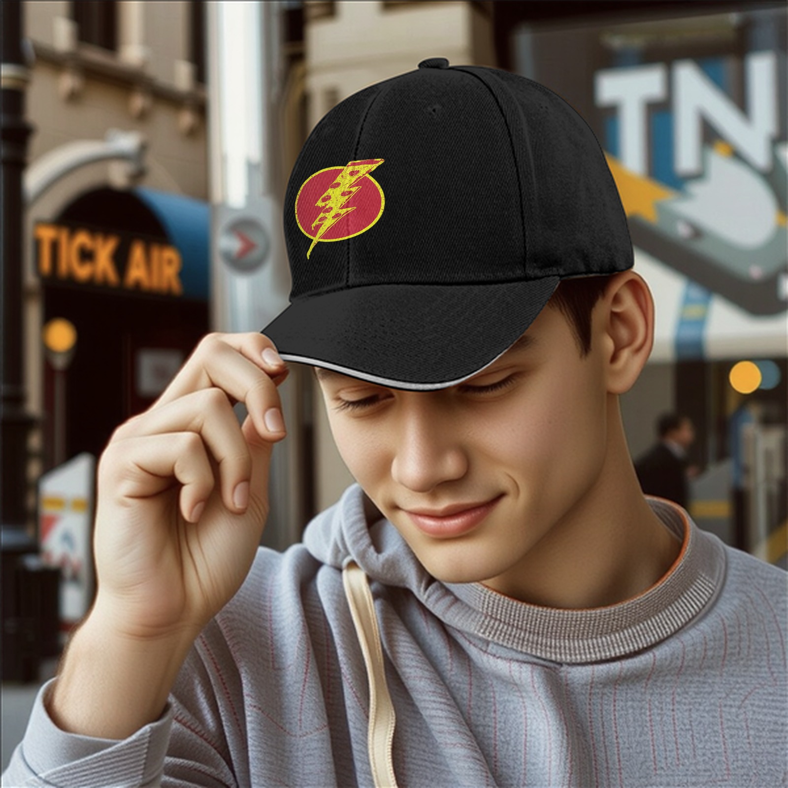Black Baseball Cap With Pizza Lightning Bolt Graphic