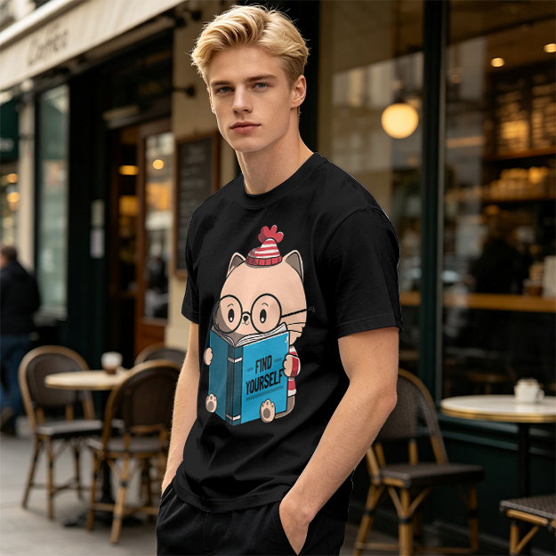 Olive T-shirt with Cute Reading Cat Graphic 'Find Yourself'