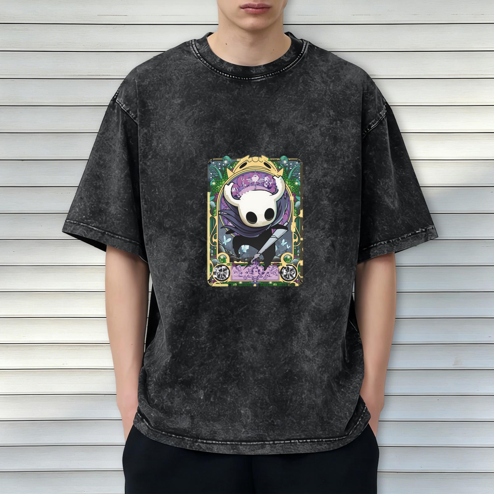 Hollow Knight themed distressed washed black loose short-sleeved T-shirt