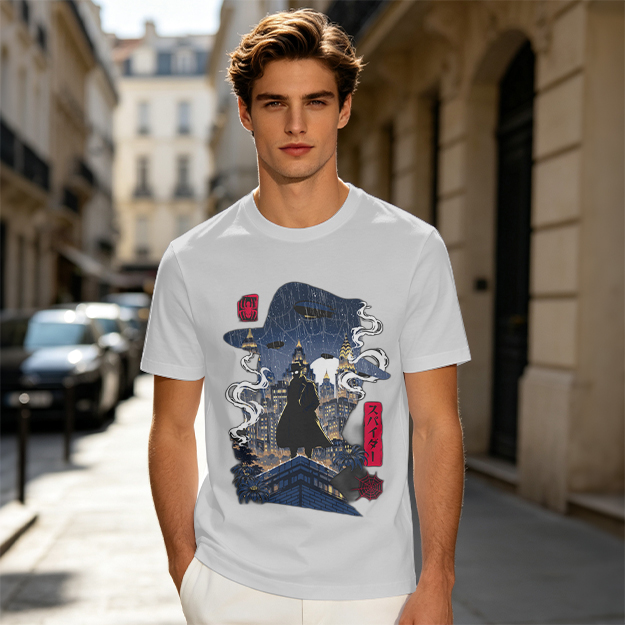 Olive T-Shirt with Night City Rooftop Spy Silhouette Art
