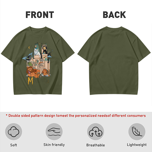 Olive T-Shirt With Whimsical Wizard Cat Castle Graphic