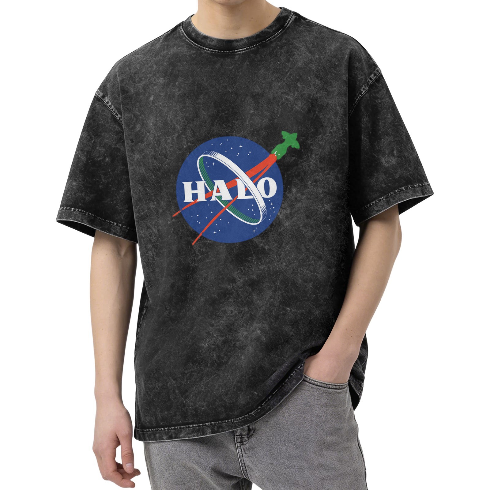 Oversized Acid Wash Black T-Shirt with NASA-style HALO Graphic Print