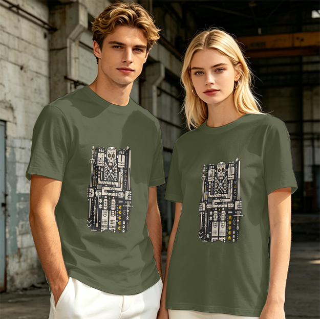 Olive T-Shirt With Mechanical Skull Weapon Art Print