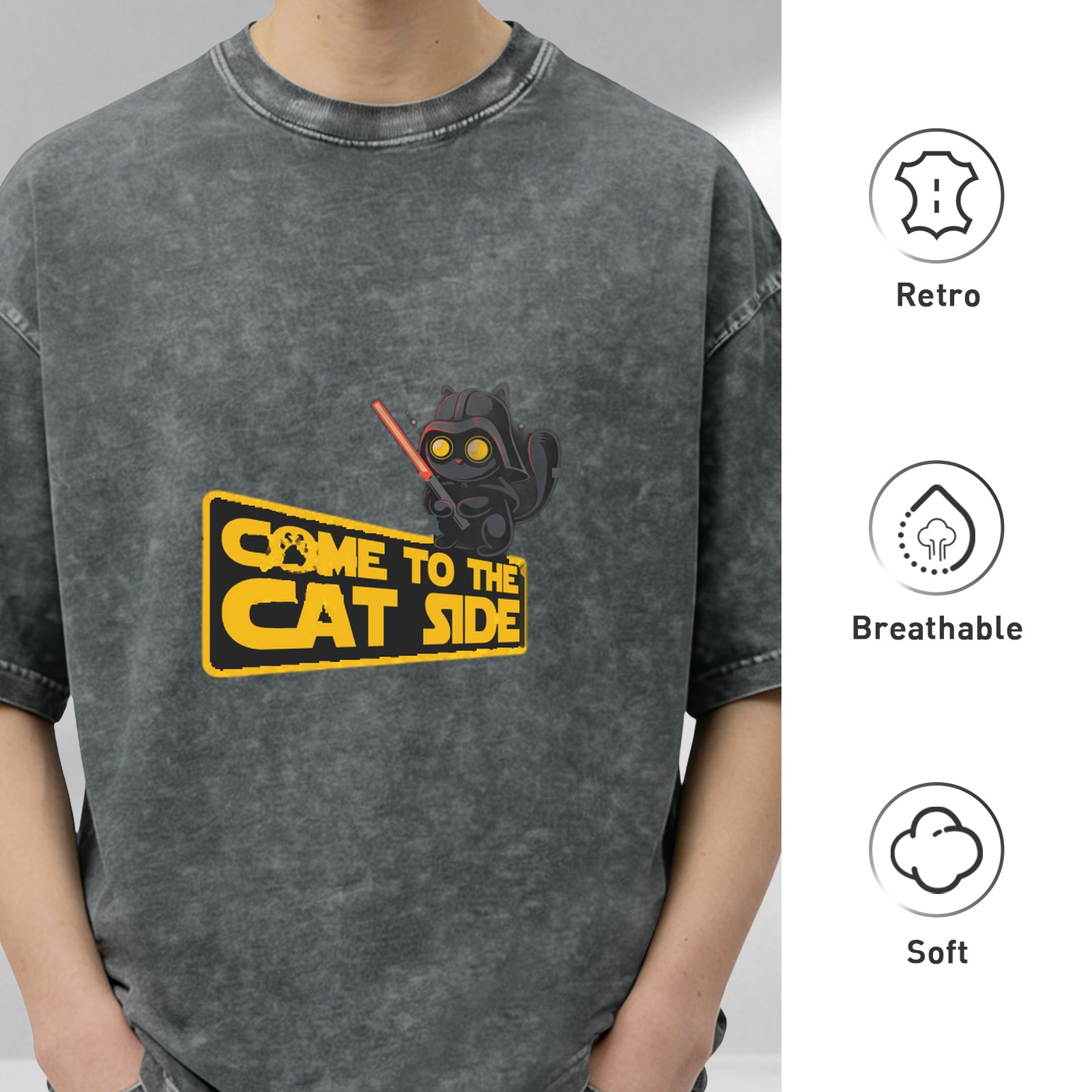 Come to the Cat Side Star Wars Parody Acid Wash Graphic T-Shirt