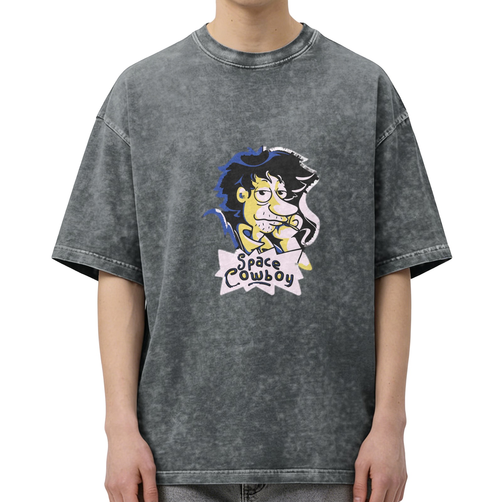 Washed Black T-Shirt with Space Cowboy Cartoon Graphic Print