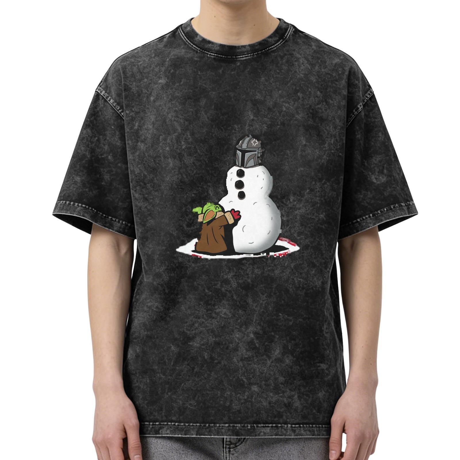 Baby Yoda Building Mandalorian Helmet Snowman Acid Wash T-Shirt