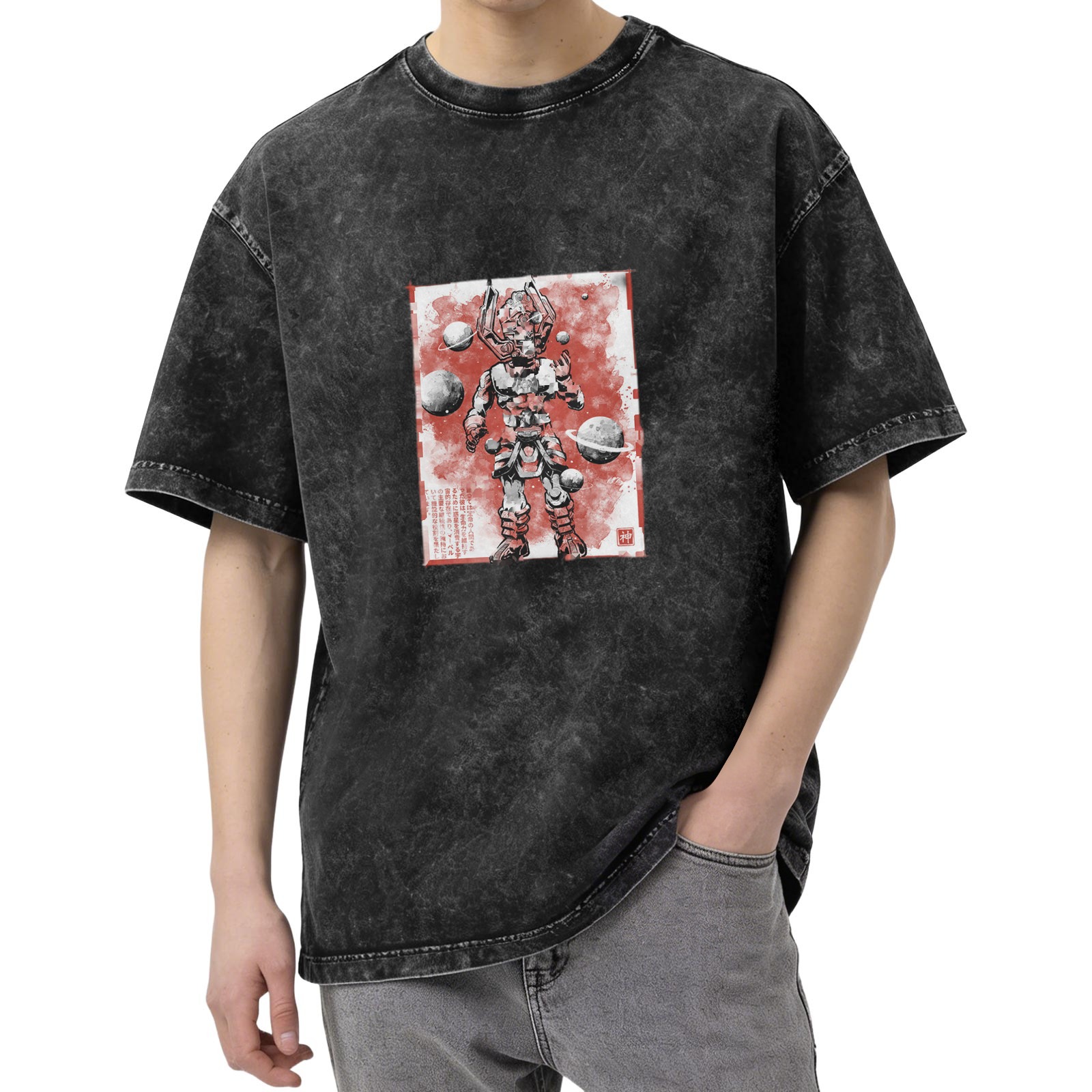 Oversized Acid Wash T-Shirt With Samurai Robot Space Art Print