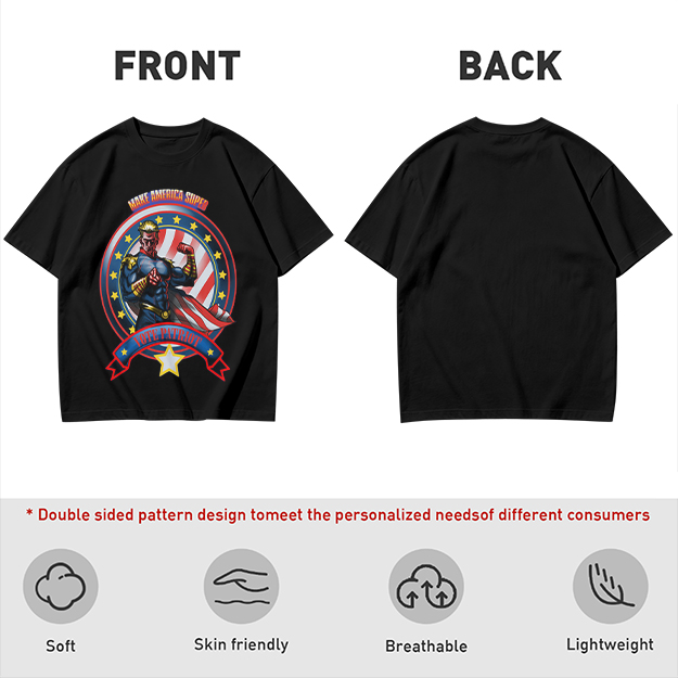 Olive t-shirt with patriotic superhero 'Make America Super' graphic