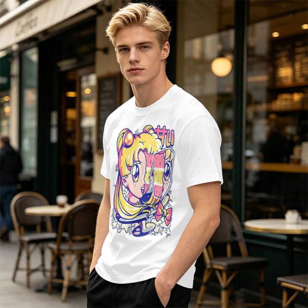 Olive T-Shirt With Glitch Anime Girl Graphic Print
