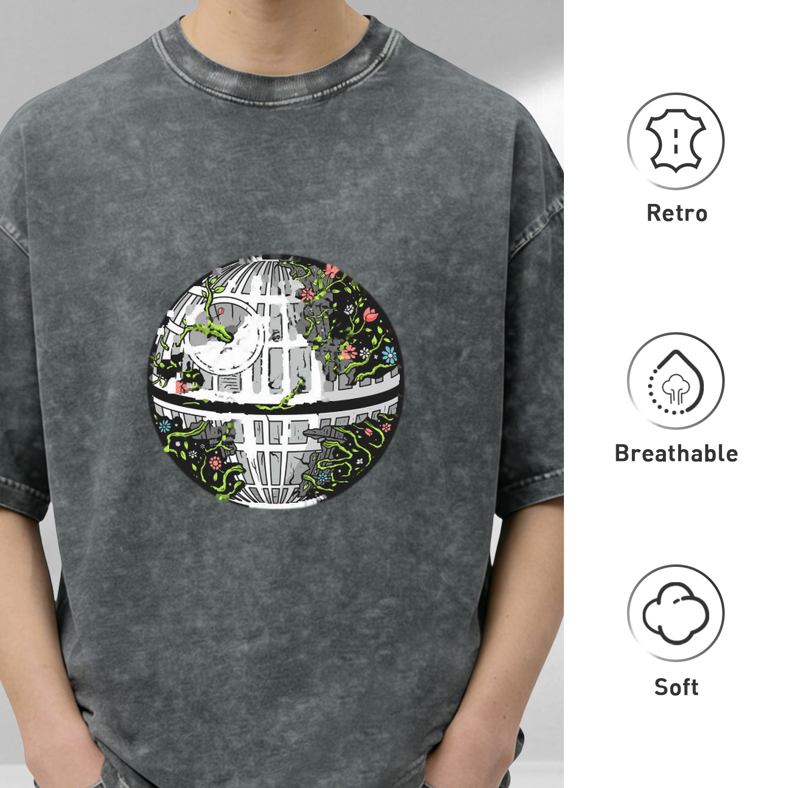 Oversized Acid Wash T-Shirt with Overgrown Death Star Graphic