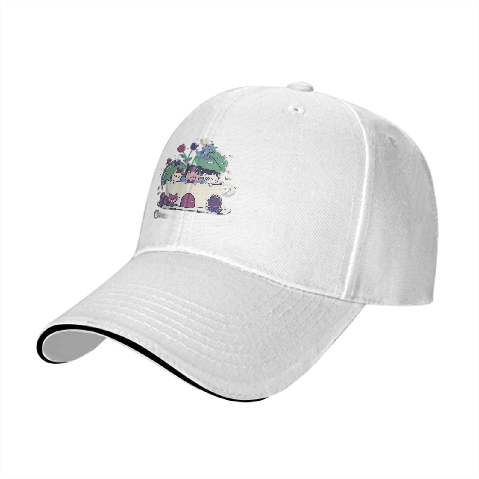 Black Baseball Cap With Cute Teacup Kittens Graphic