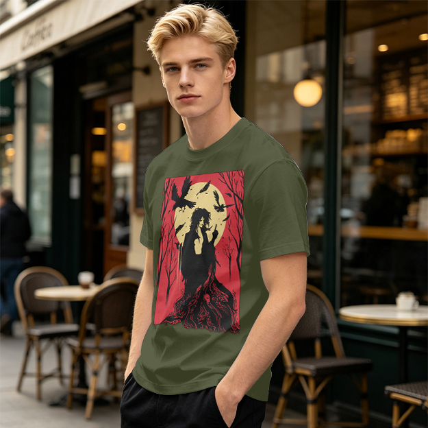 Olive T-Shirt With Gothic Crow And Moon Graphic Print