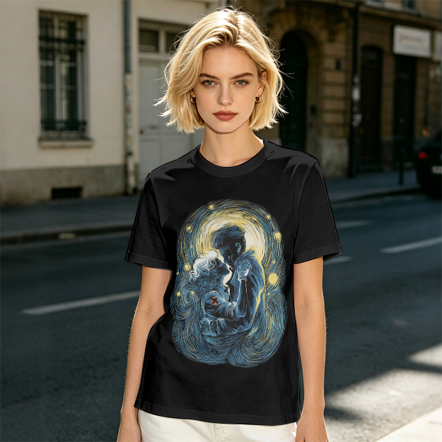 Olive T-Shirt With Starry Night Style Embracing Couple Art