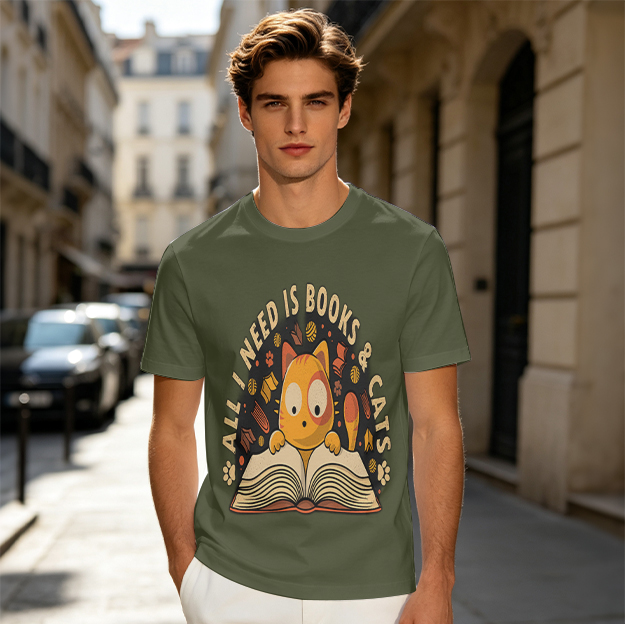 All I Need Is Books And Cats T-Shirt With Cute Cat Reading Design