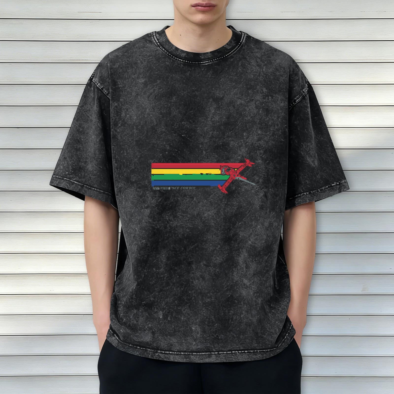 Washed Black Oversized T-Shirt With Rainbow Stripe And Red Spaceship Print