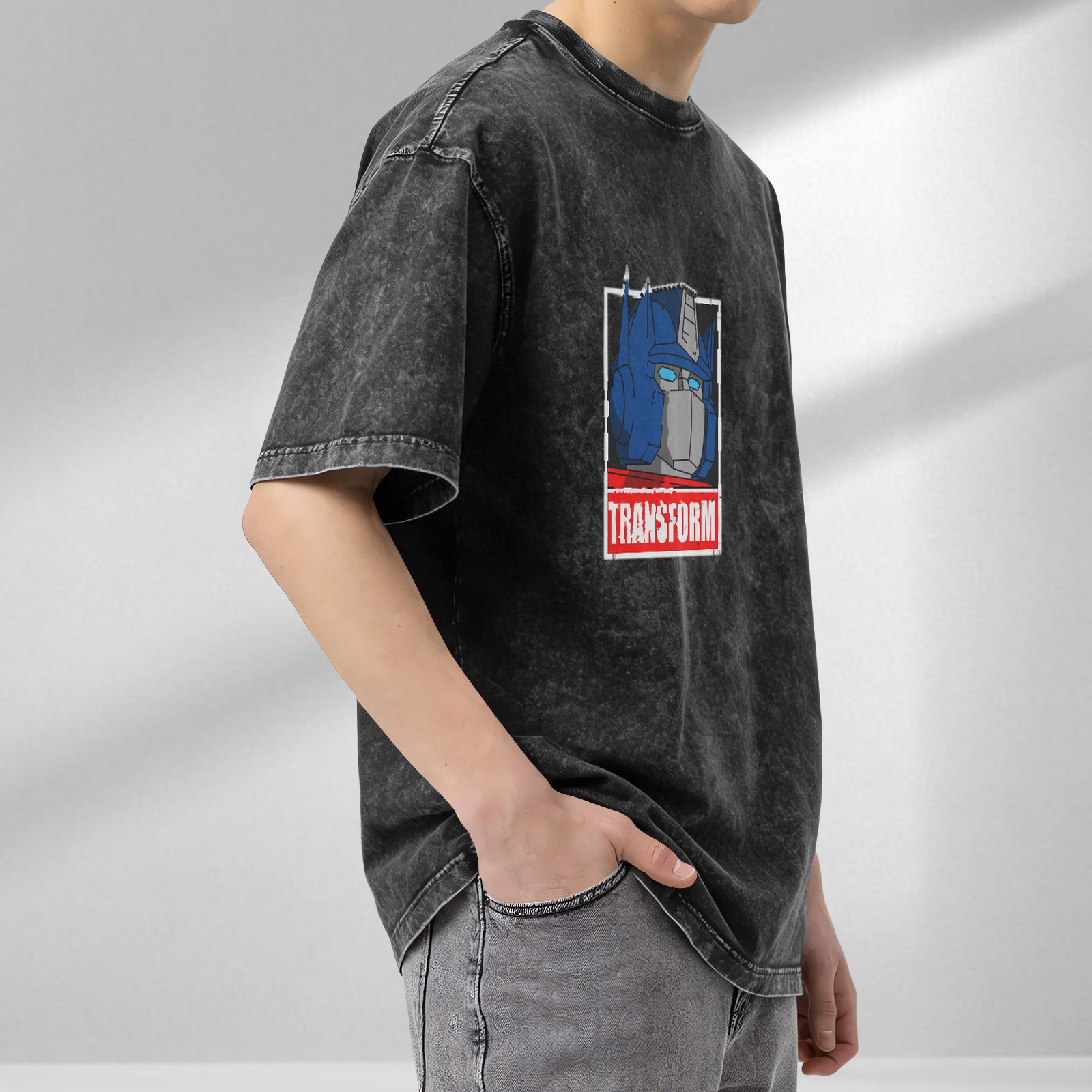 Washed Black T-Shirt with Optimus Prime Graphic and Transform Text
