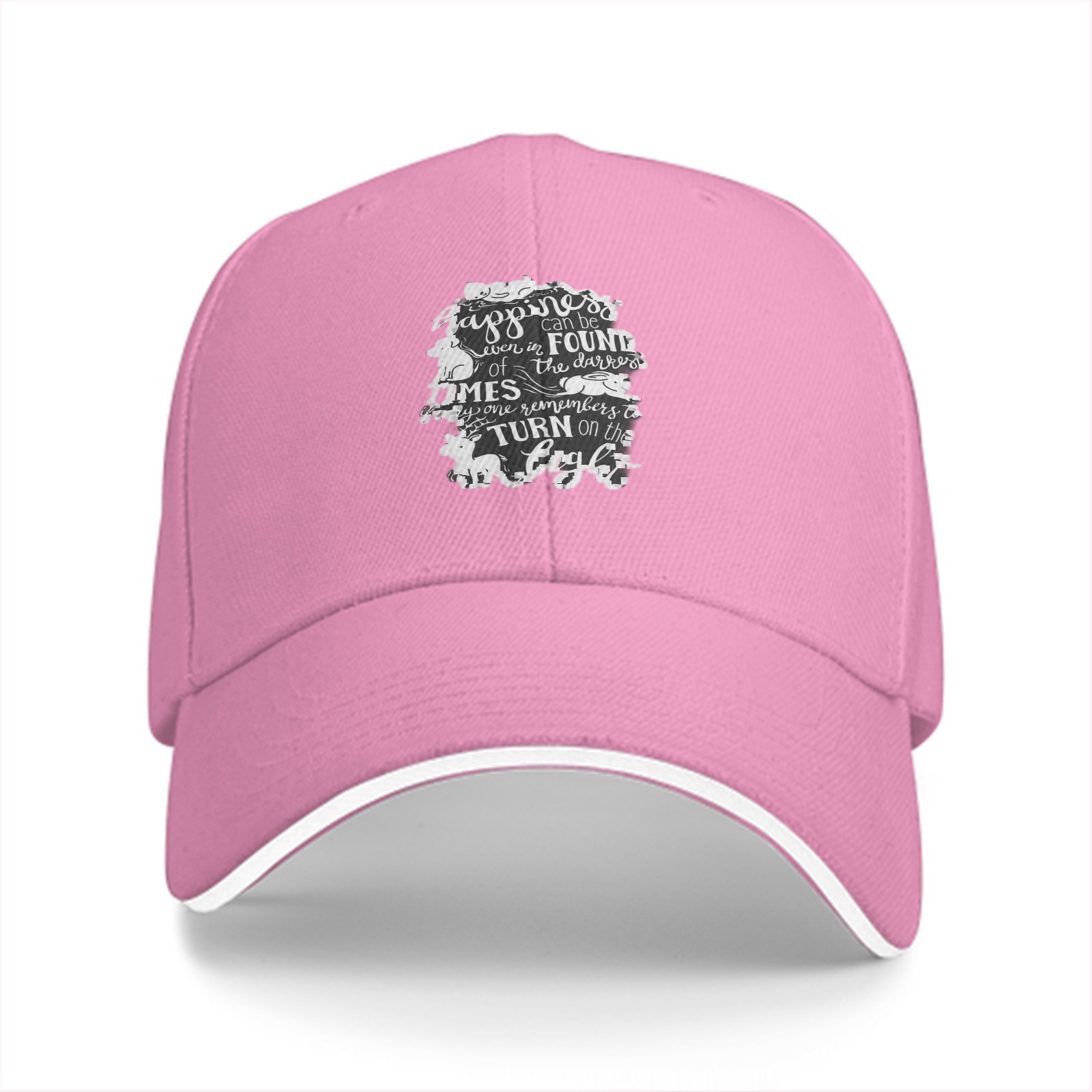 Black baseball cap with happiness quote and animal illustrations