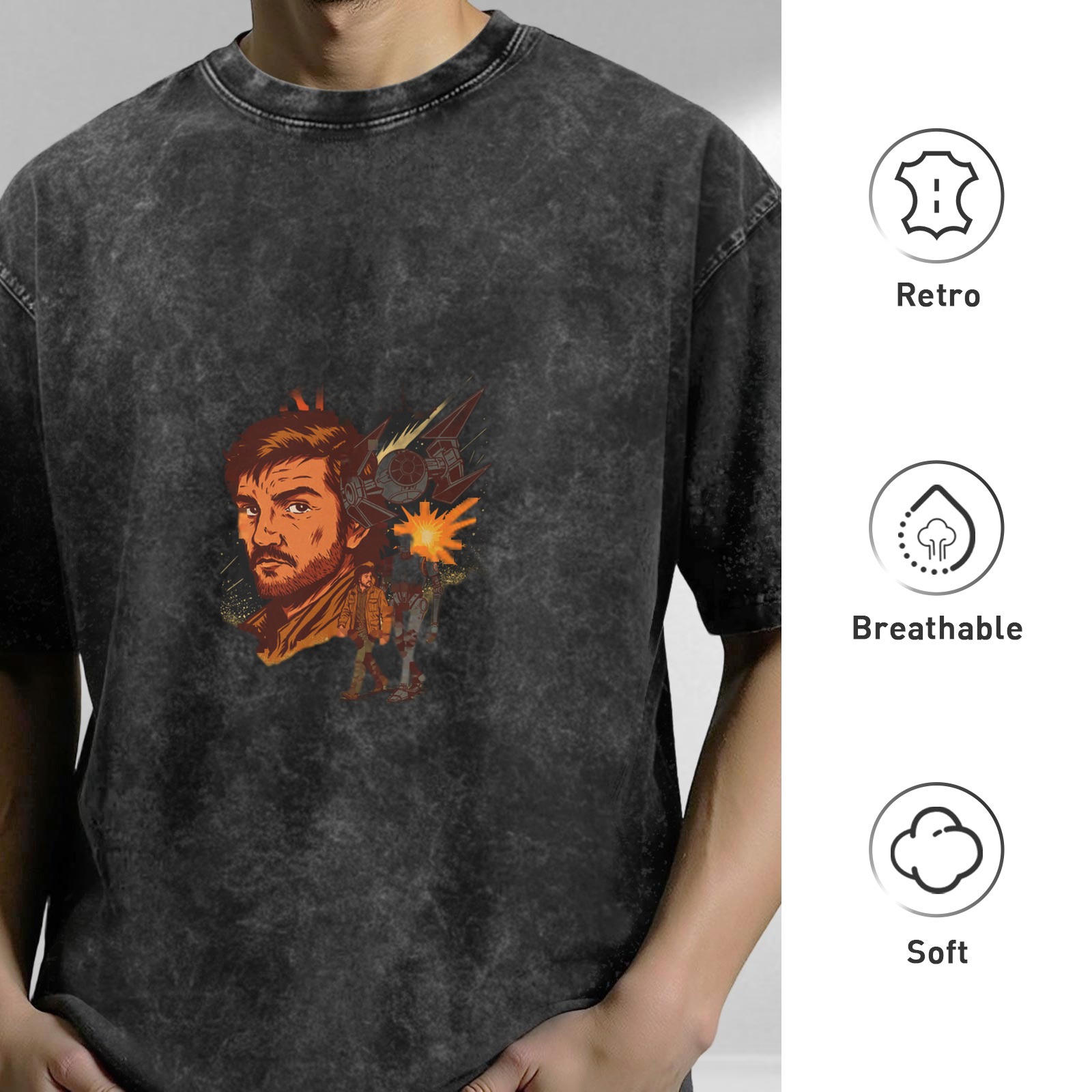 Washed Black Oversized T-Shirt with Retro Sci-Fi Character Graphic