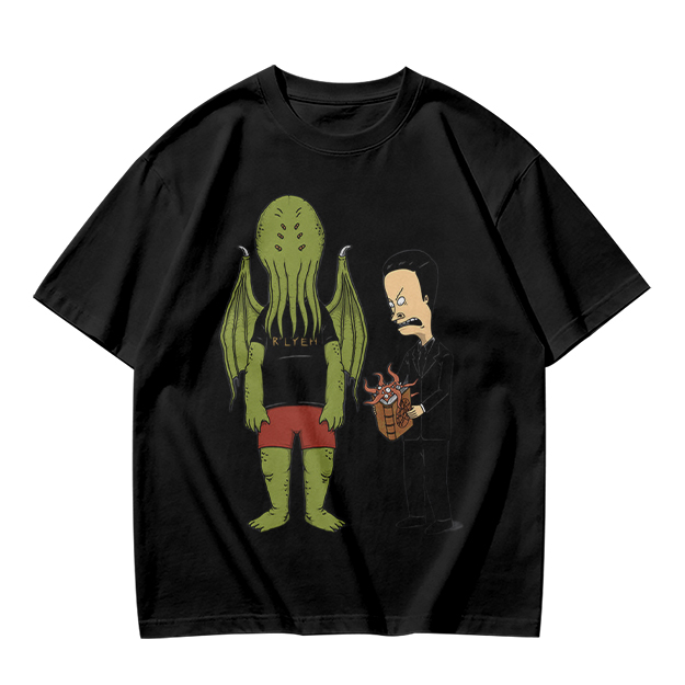Olive T-Shirt Featuring Cthulhu and Beavis in Suits Graphic
