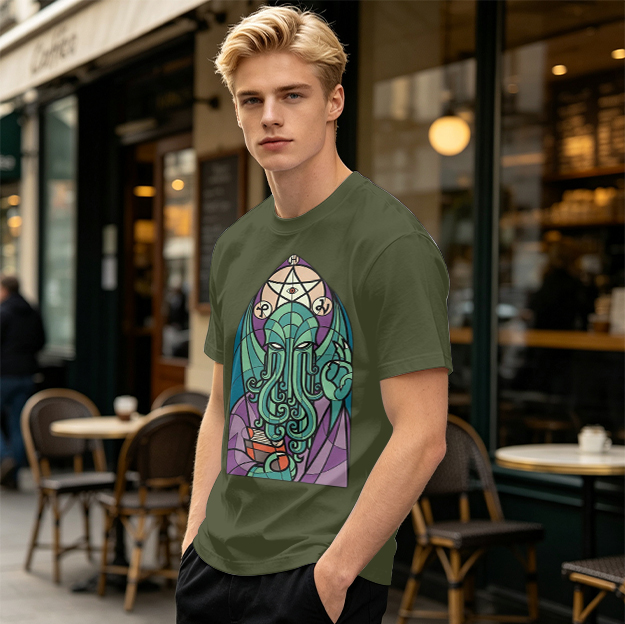 Olive T-Shirt with Stained Glass Style Cthulhu Occult Print