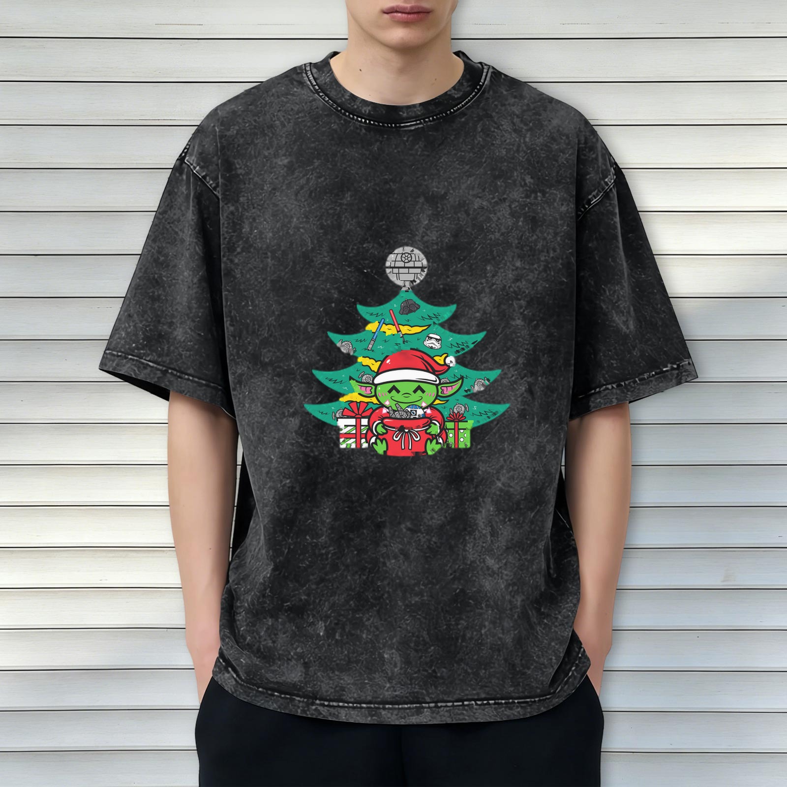 Washed Black T-Shirt with Star Wars Themed Christmas Yoda Design