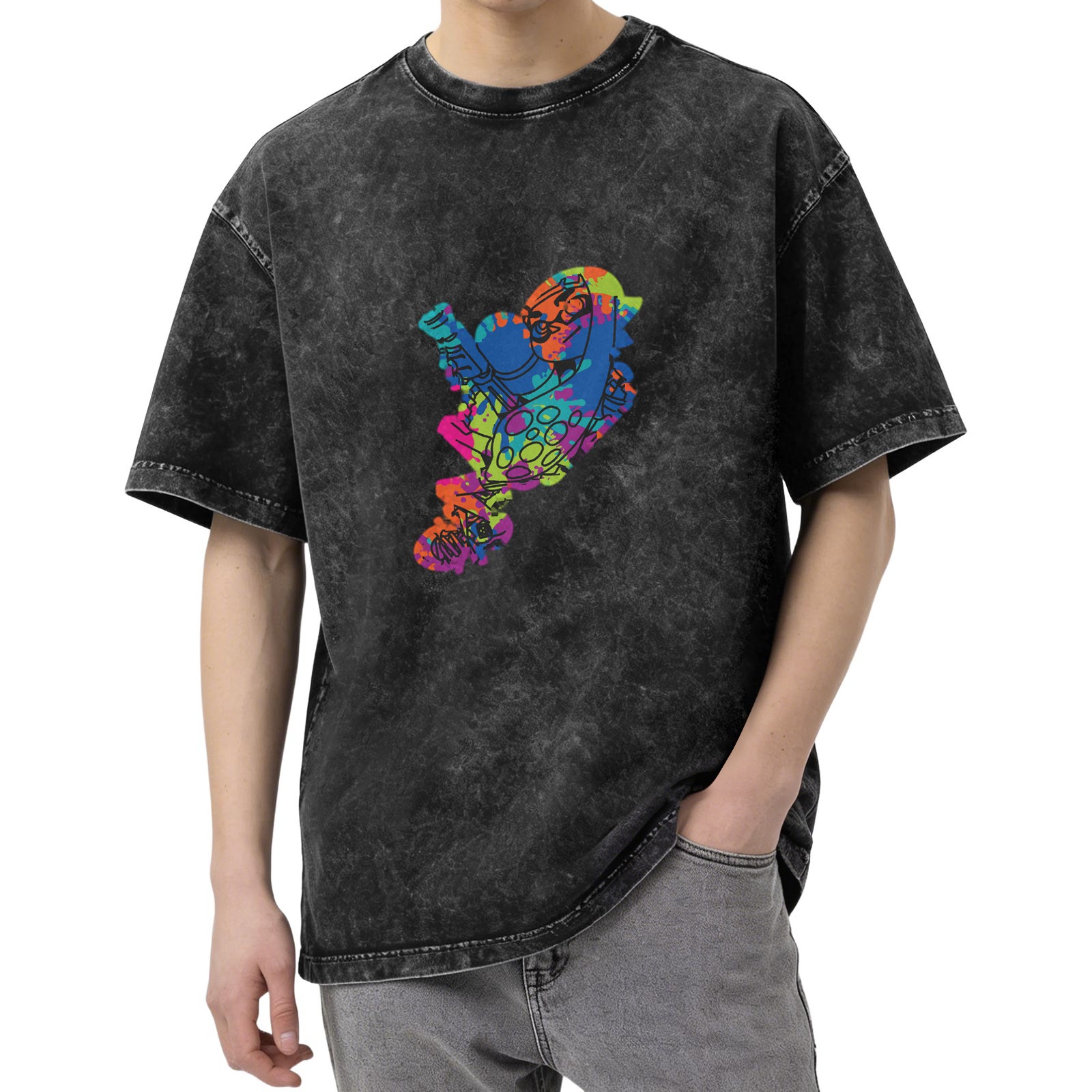 Acid Wash Black T-Shirt With Colorful Splatter Art Print