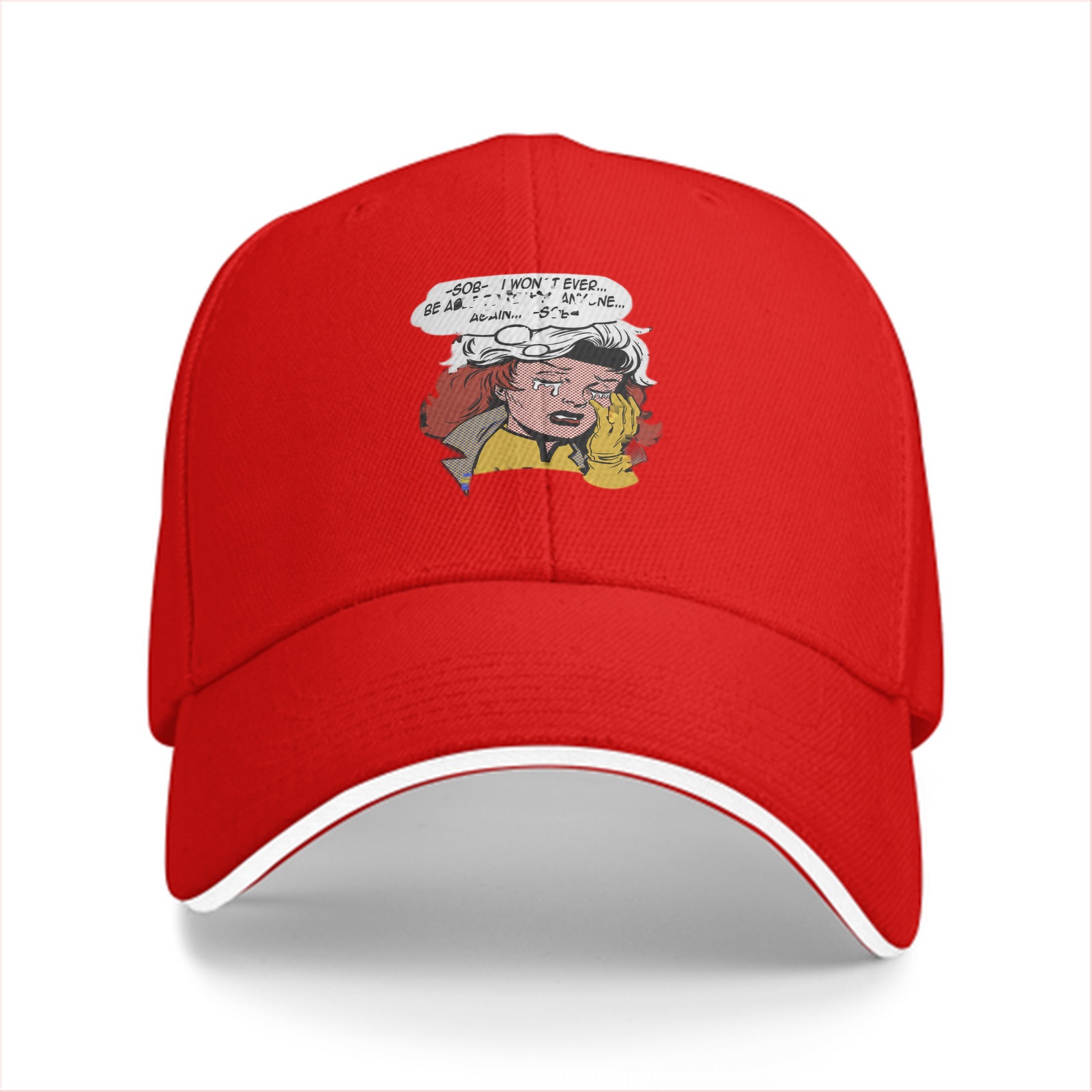 Black baseball cap with crying comic character print