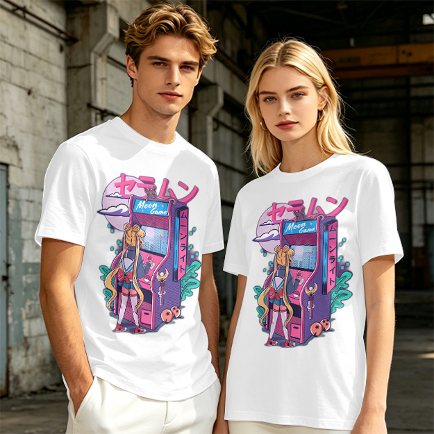 Anime girl playing moon arcade game graphic tee