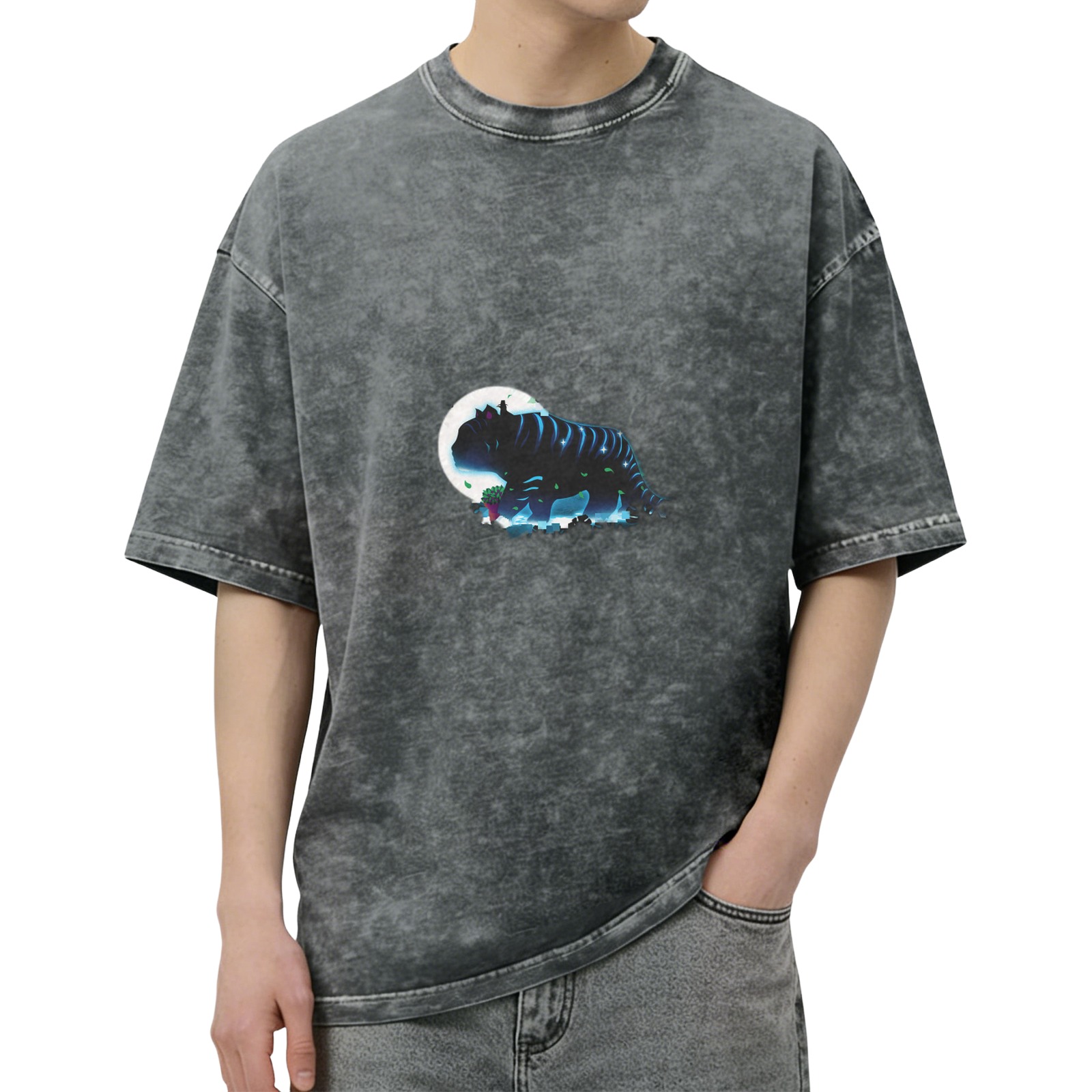 Oversized Dark Wash T-Shirt With Glowing Fantasy Creature Print