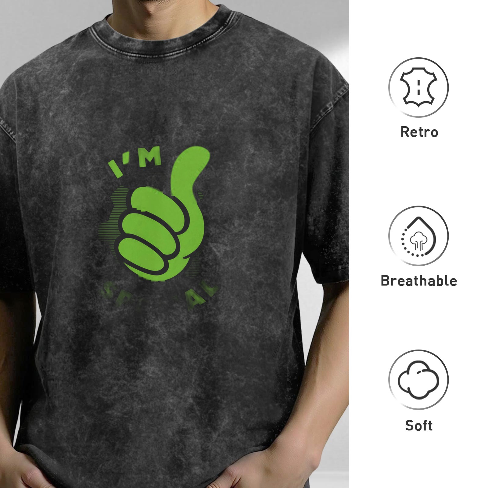 Oversized acid wash t-shirt with green thumbs up graphic