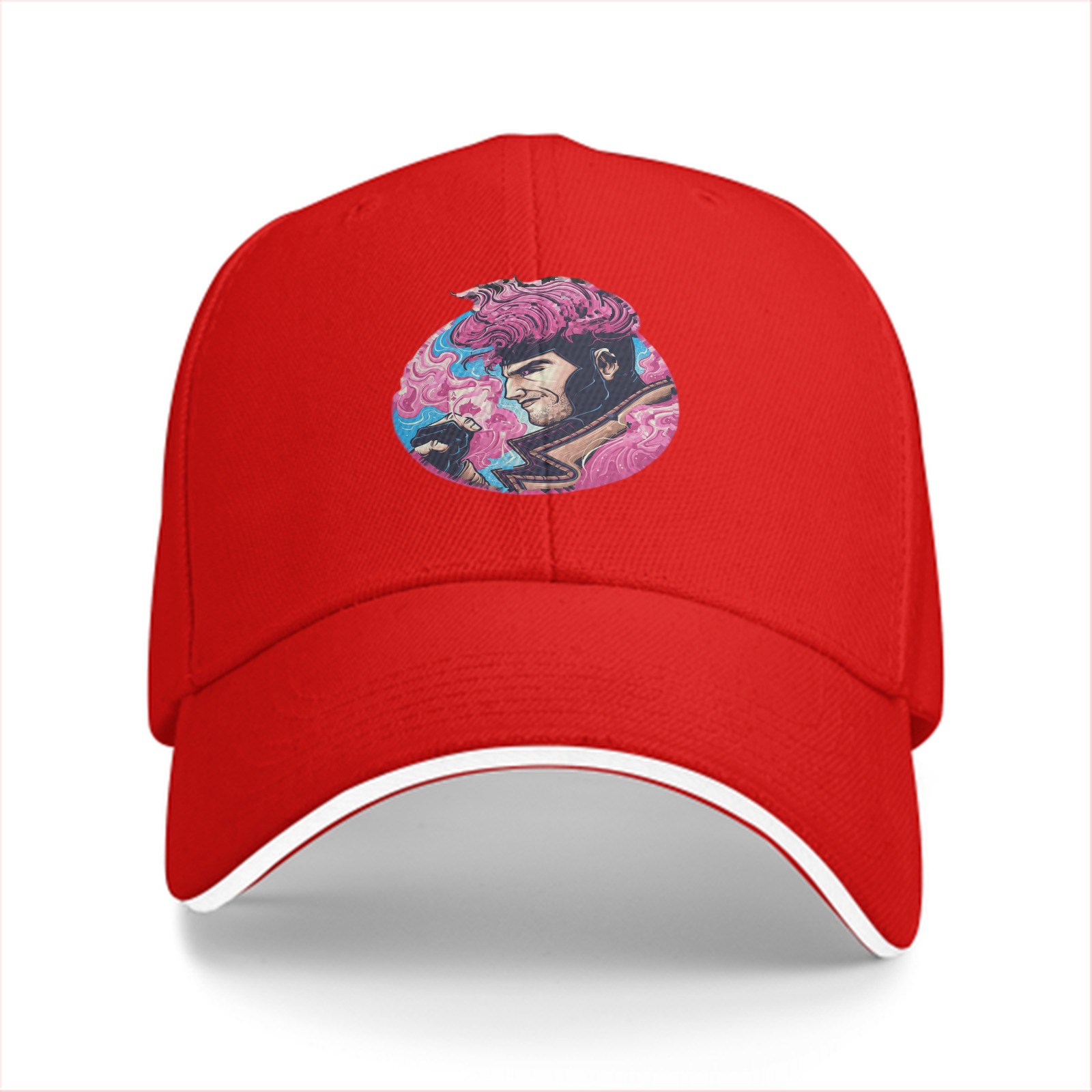 Black Baseball Cap With Pink Superhero Character Art Print