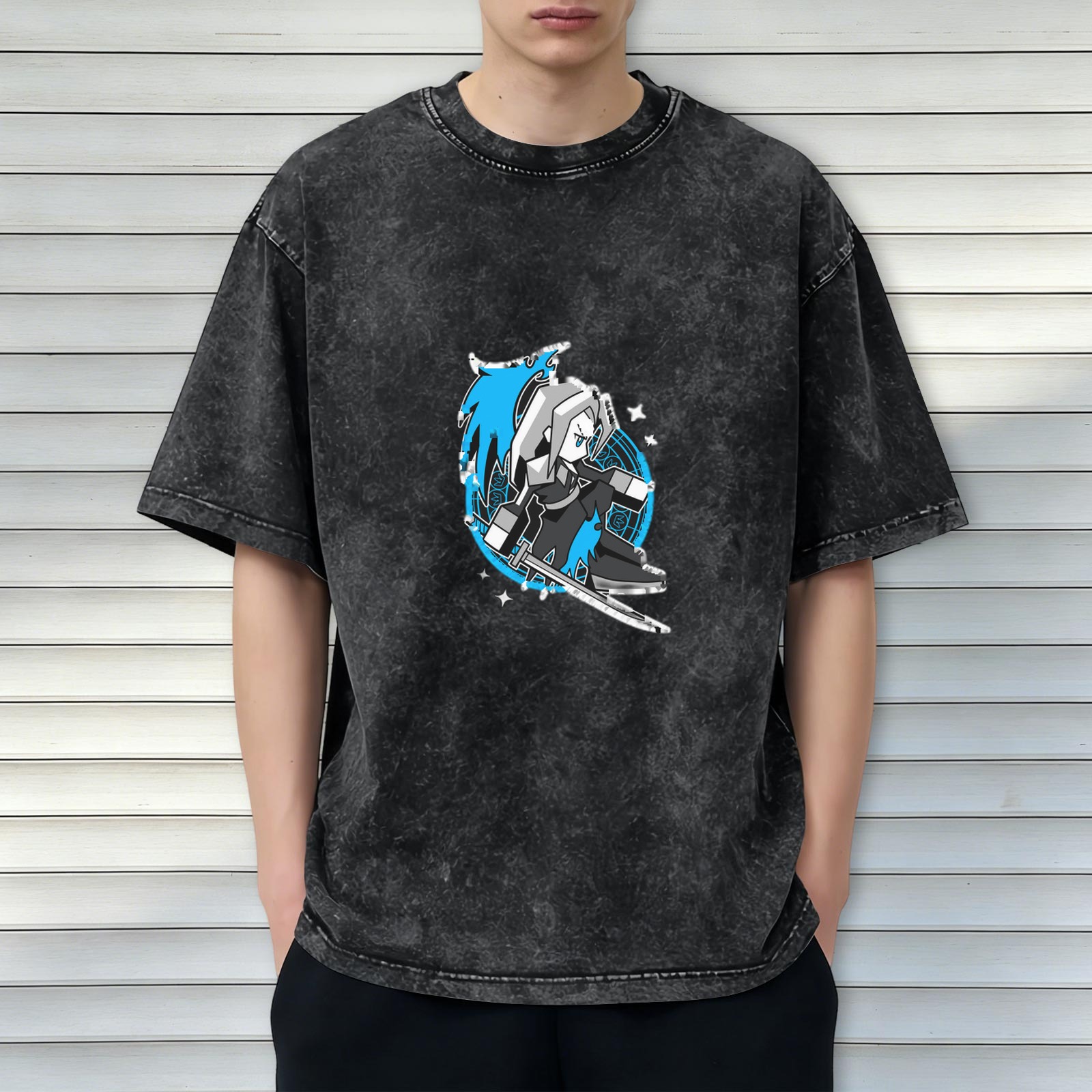 Oversized Dark Wash T-Shirt With Chibi Fantasy Villain Print
