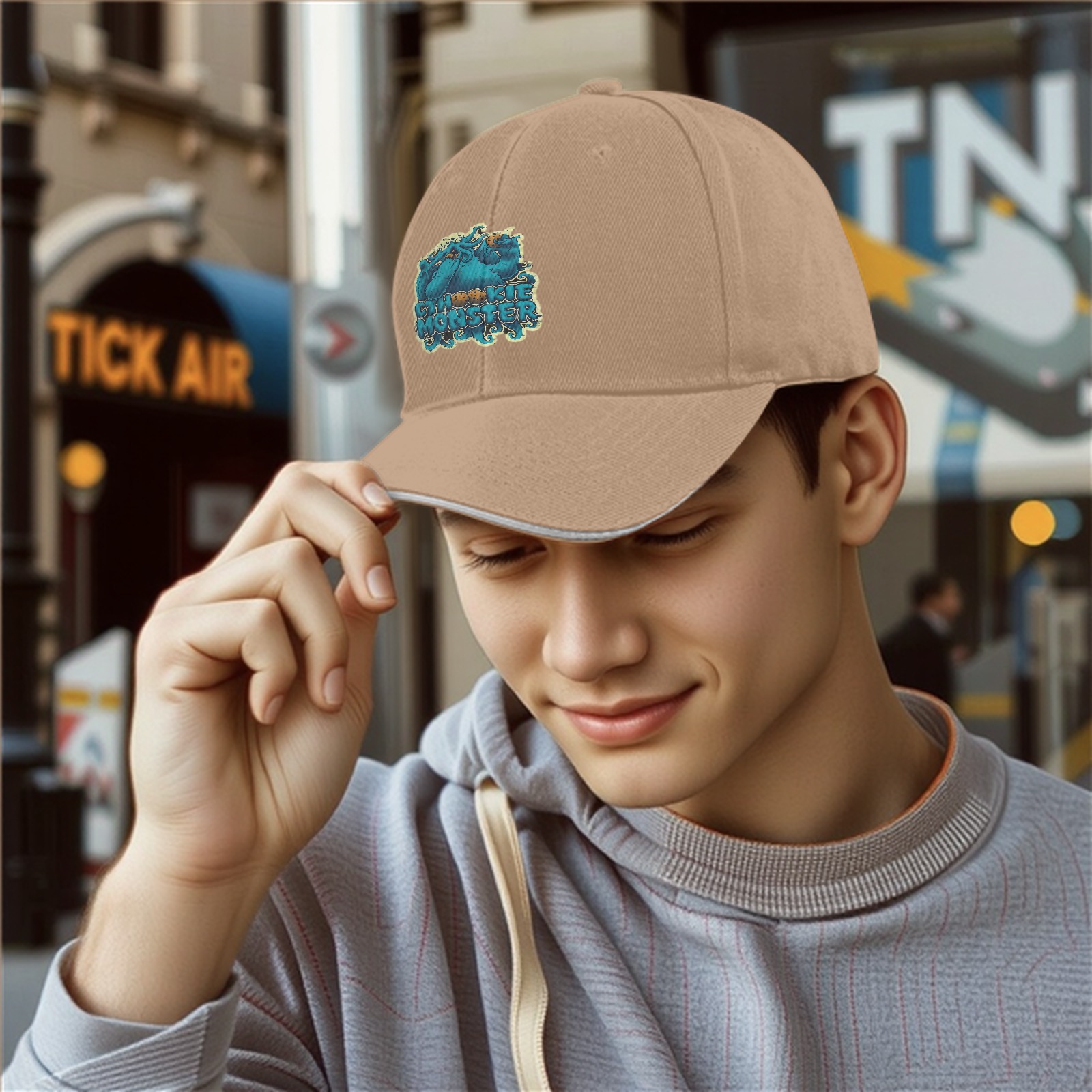 Black baseball cap with Cookie Monster themed graphic print