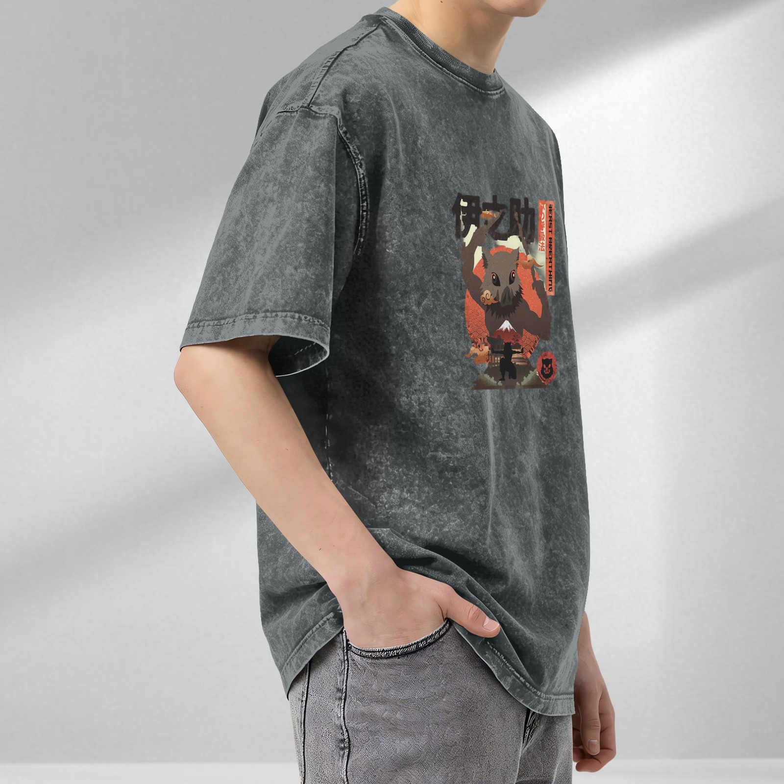 Demon Slayer: Kimetsu no Yaiba Inosuke themed washed distressed short-sleeved T-shirt