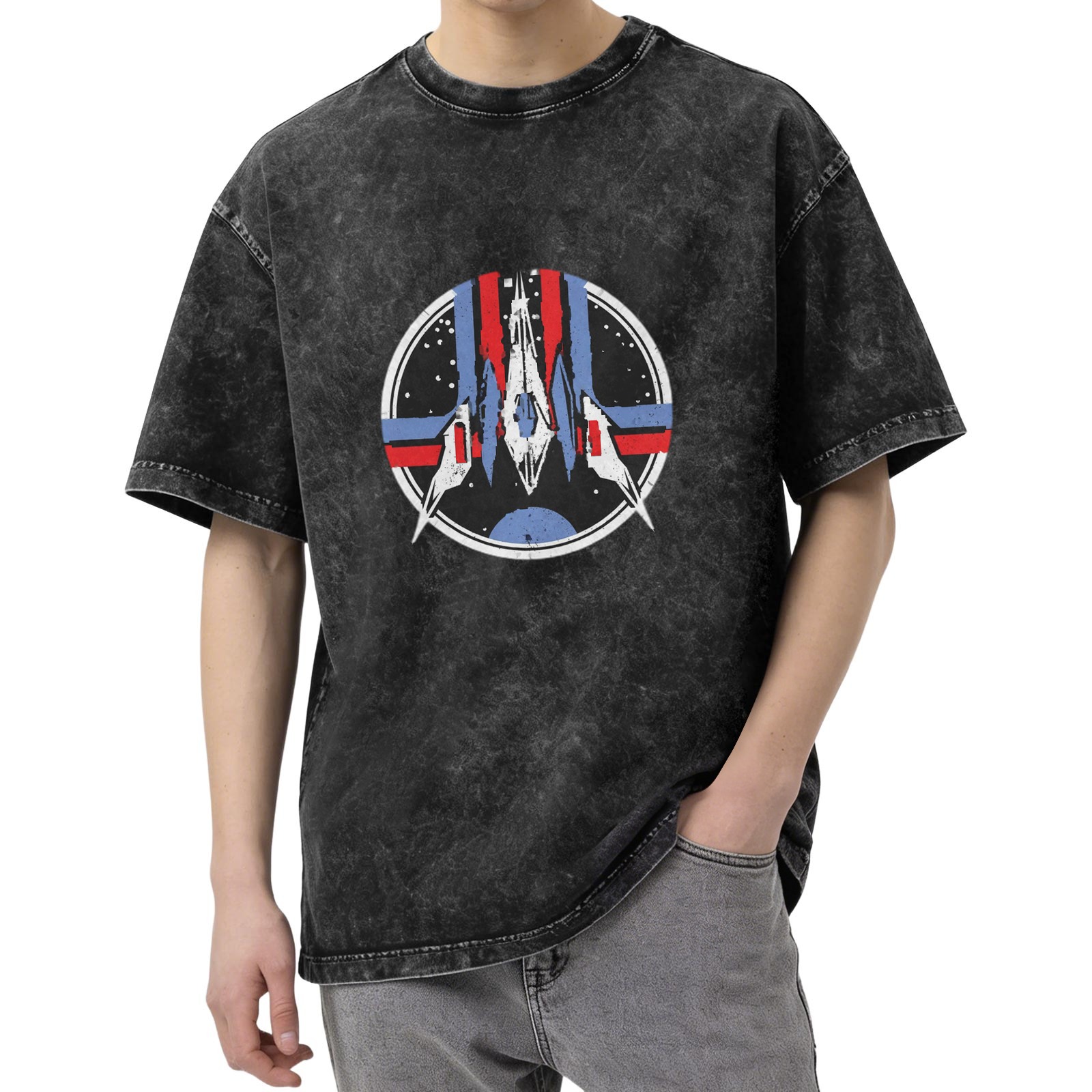 Oversized Stone-Washed Black Graphic T-Shirt with Sci-Fi Space Emblem Print