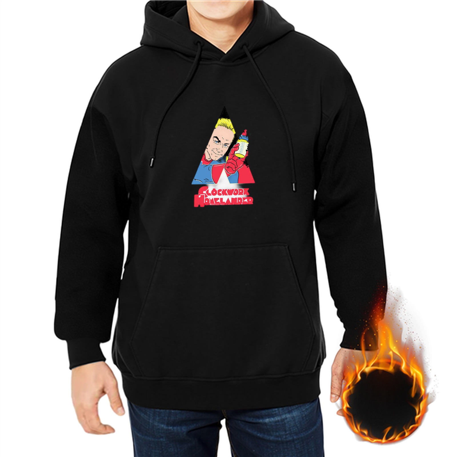 Black hoodie with Clockwork Homelander graphic print