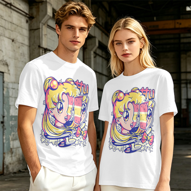 Olive T-Shirt With Glitch Anime Girl Graphic Print